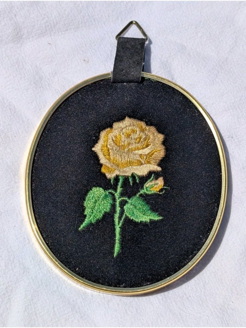 Vintage Ecstasy Giftware Yellow Rose Embroidered Black Velvet Oval Brass Frame